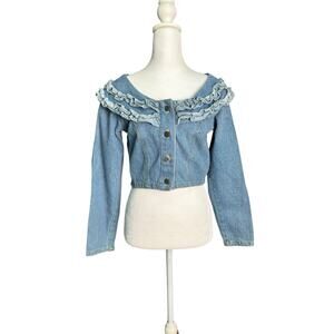 Vtg Switch Womens Denim Cropped Ruffle Jacket Y2K Indie Fairy Sz S Cottagecore